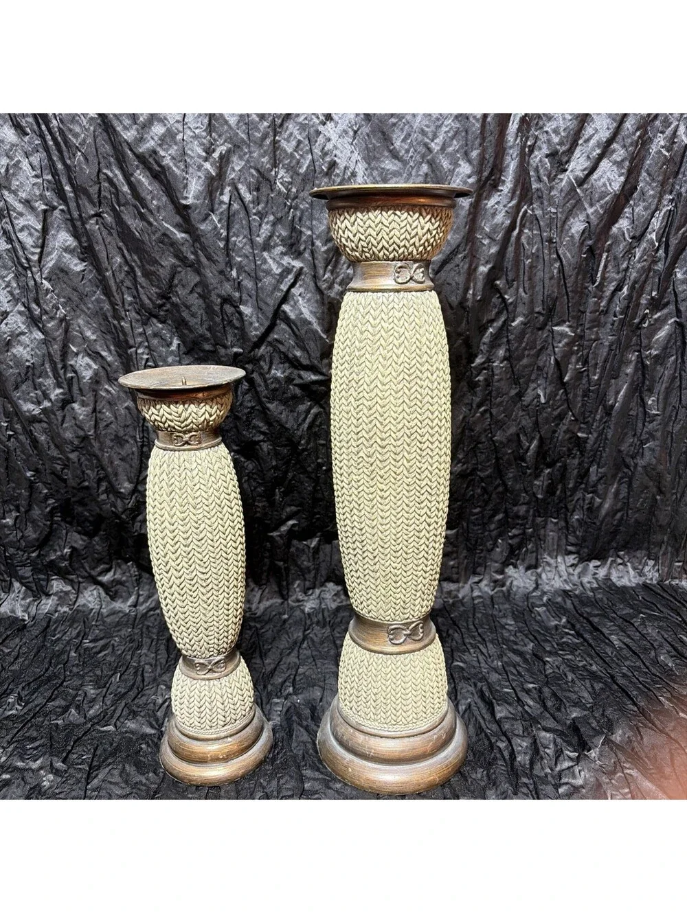 LOT Of 2 CANDLESTICKS BRAIDED STYLE BEIGE/GREEN